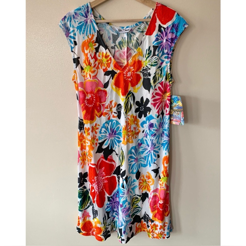 Jams World • M • V Neck Sleeveless Sherry Dress Epiphany Print